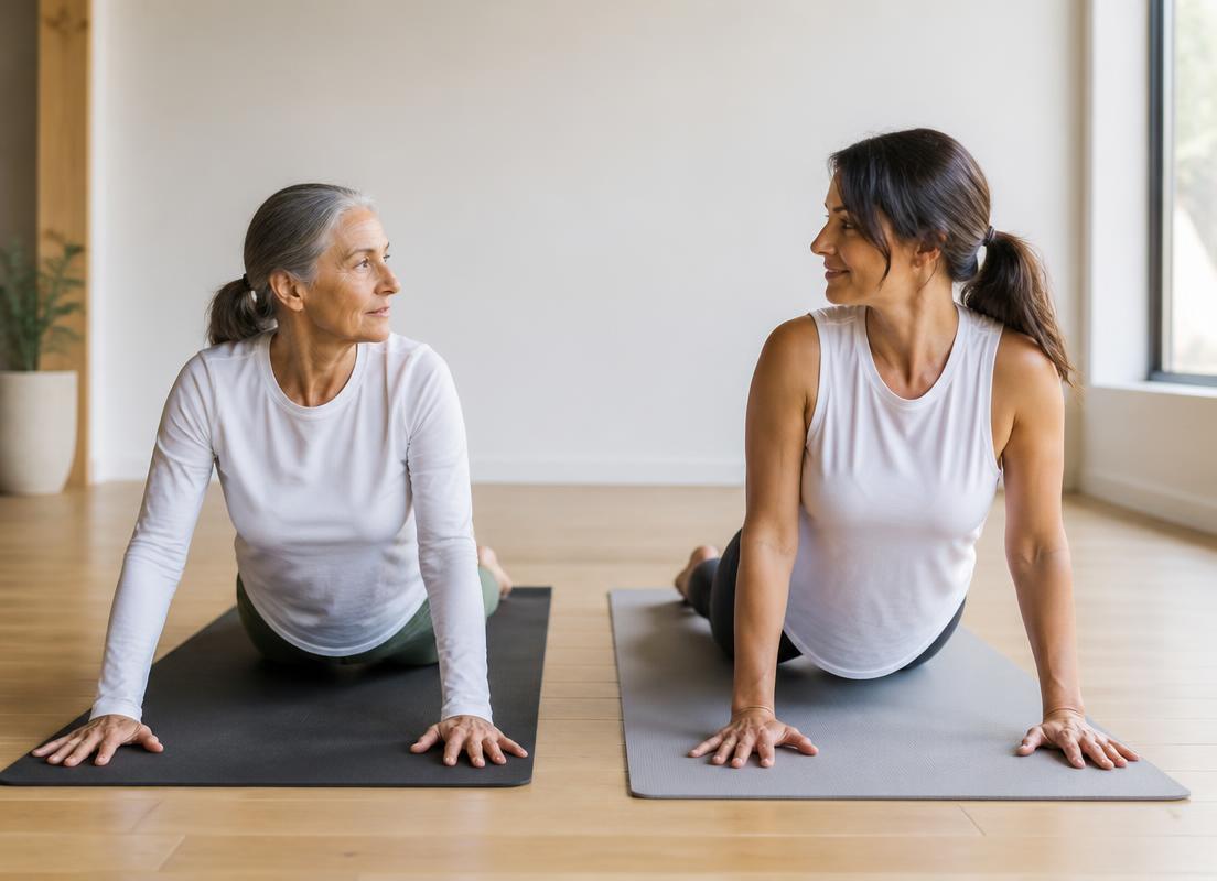 Deux personnes d’âges différents pratiquant le yoga côte à côte dans un studio lumineux